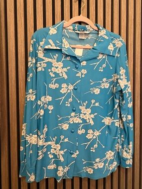 Vintage Blue Floral Button-Up Blouse